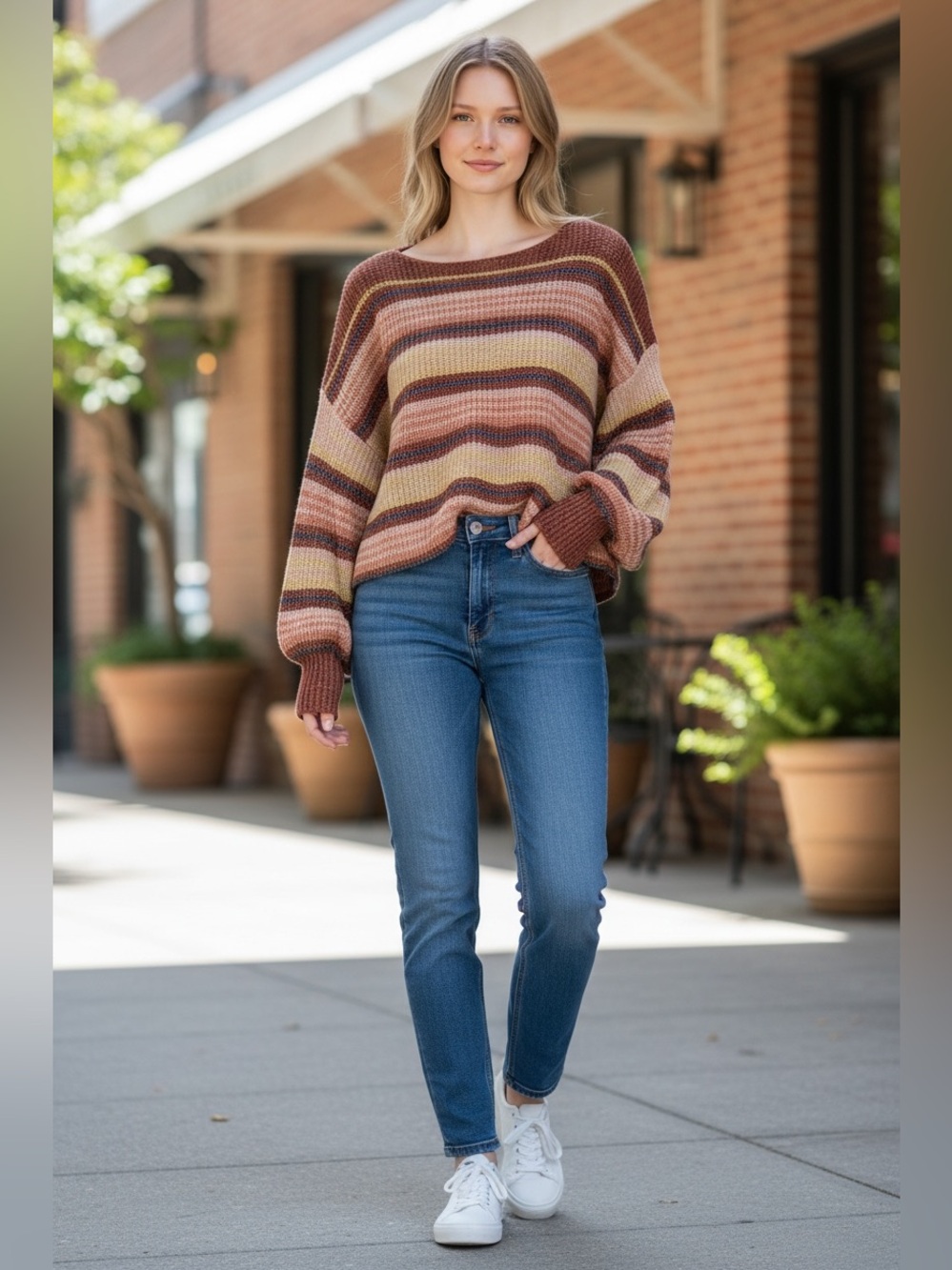 Billabong Striped Crewneck Sweater in Rust, Pink & Yellow